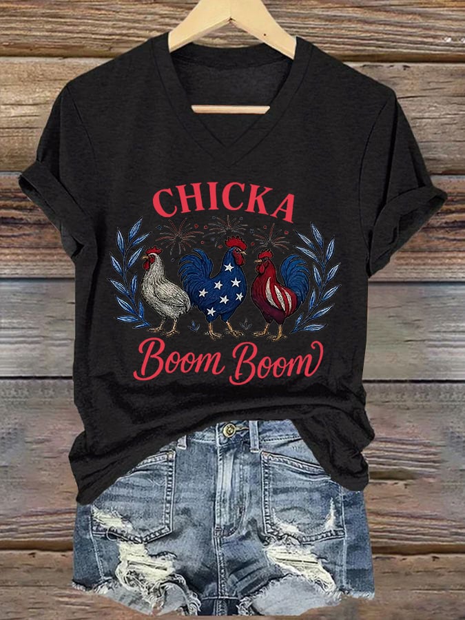 Women's Chicka Boom Boom Patriotic Rooster Print T-shirt