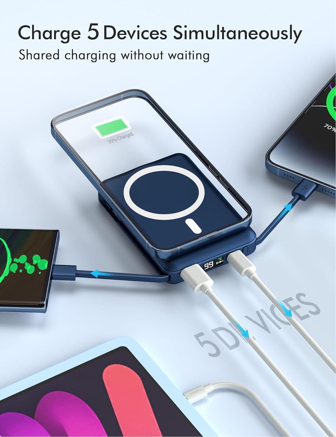 podoru Wireless Portable Charger, 10000mAh Magnetic Power Bank Built-in USB-C Lighting Cables 22.5W PD Fast Charging LED Display Mag-Safe Battery Pack for iPhone 15/14/13/12/Mini/Pro/Pro Max - White