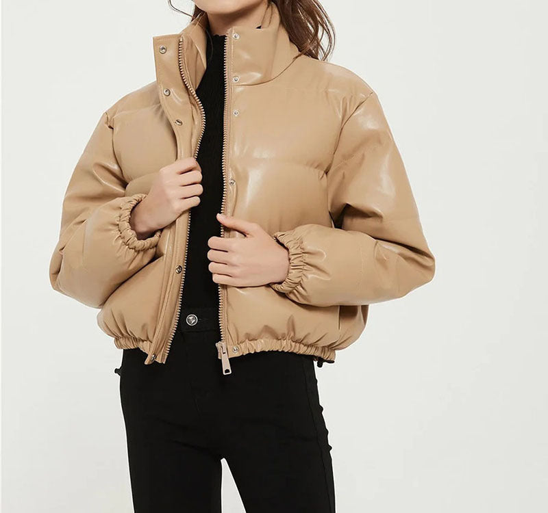 Autumn Winter Leather Coat Women Stand Collar Short Warm Bread Cotton Padded Jacket