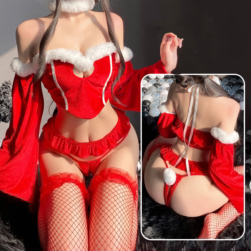 Off The Shoulder Christmas Lingerie Stockings Set