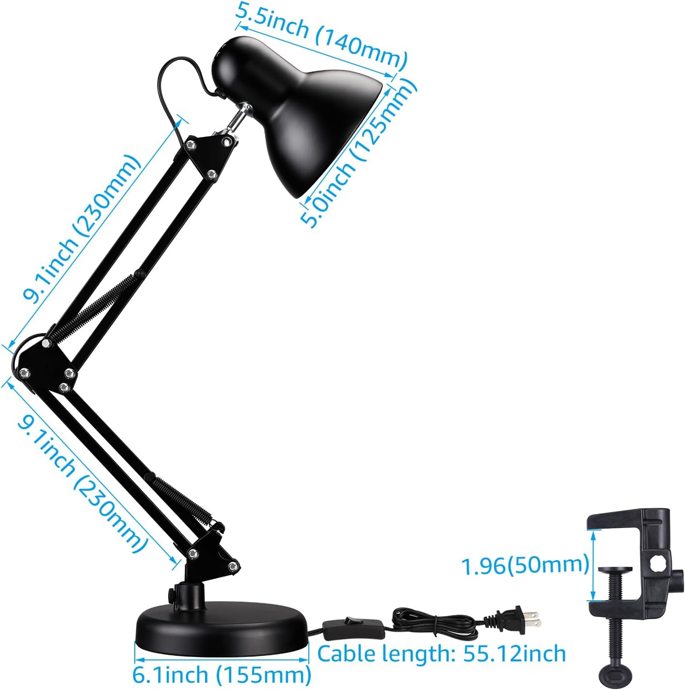 TORCHSTAR Metal Desk Lamp with Clamp, Swing Arm , Architect Adjustable Gooseneck Table Lamp, Clip Desk Lights for Home Office, Work, Study, Reading, E26 Base, Multi-Joint, Black