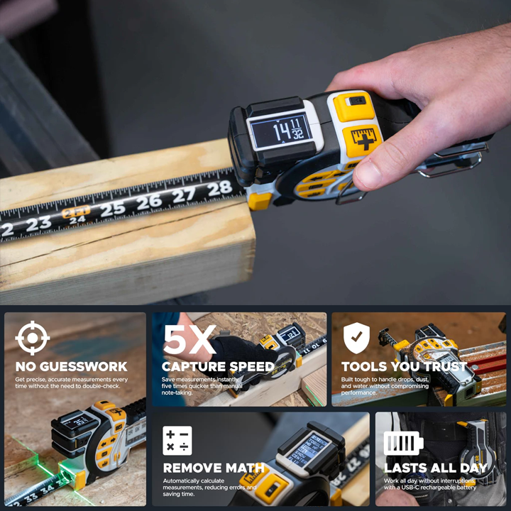 Professional Digital Tape Measure - Accurate Measuring Tool with Green Laser, E-Paper Measuring List, Measurements Shared Over Bluetooth, Replaceable Blades