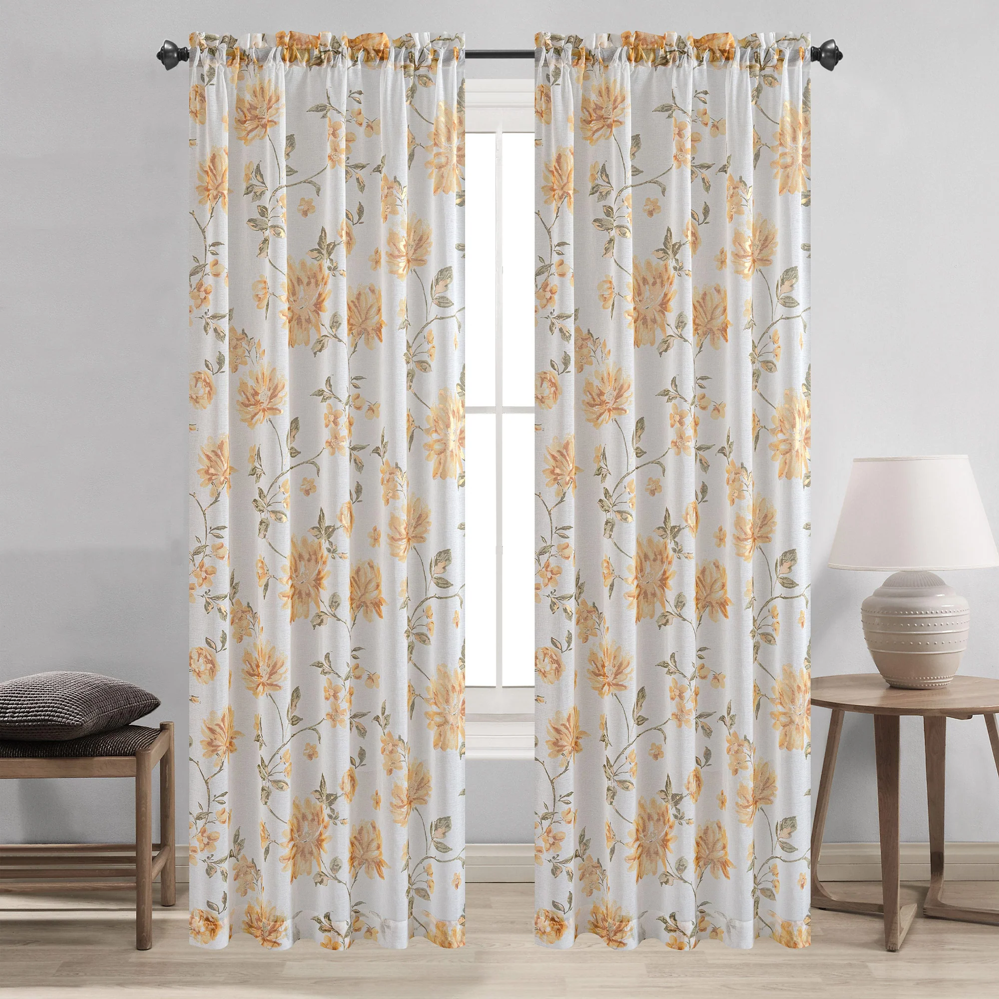 Anna Sheer Metallic Floral Rod Pocket Window Panel & Waterfall Valance, All Sold Separately