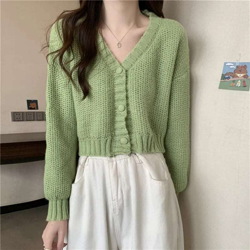 Button-Up V-Neck Knit Cardigan