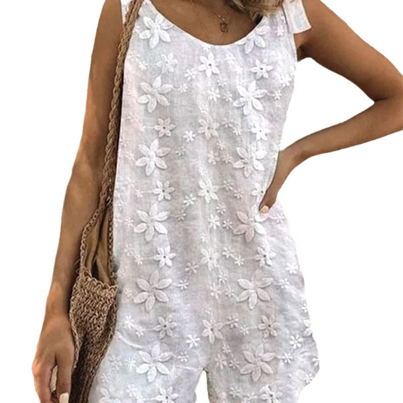 Sweet and Casual Lace Bow Shoulder Strap Jumpsuit