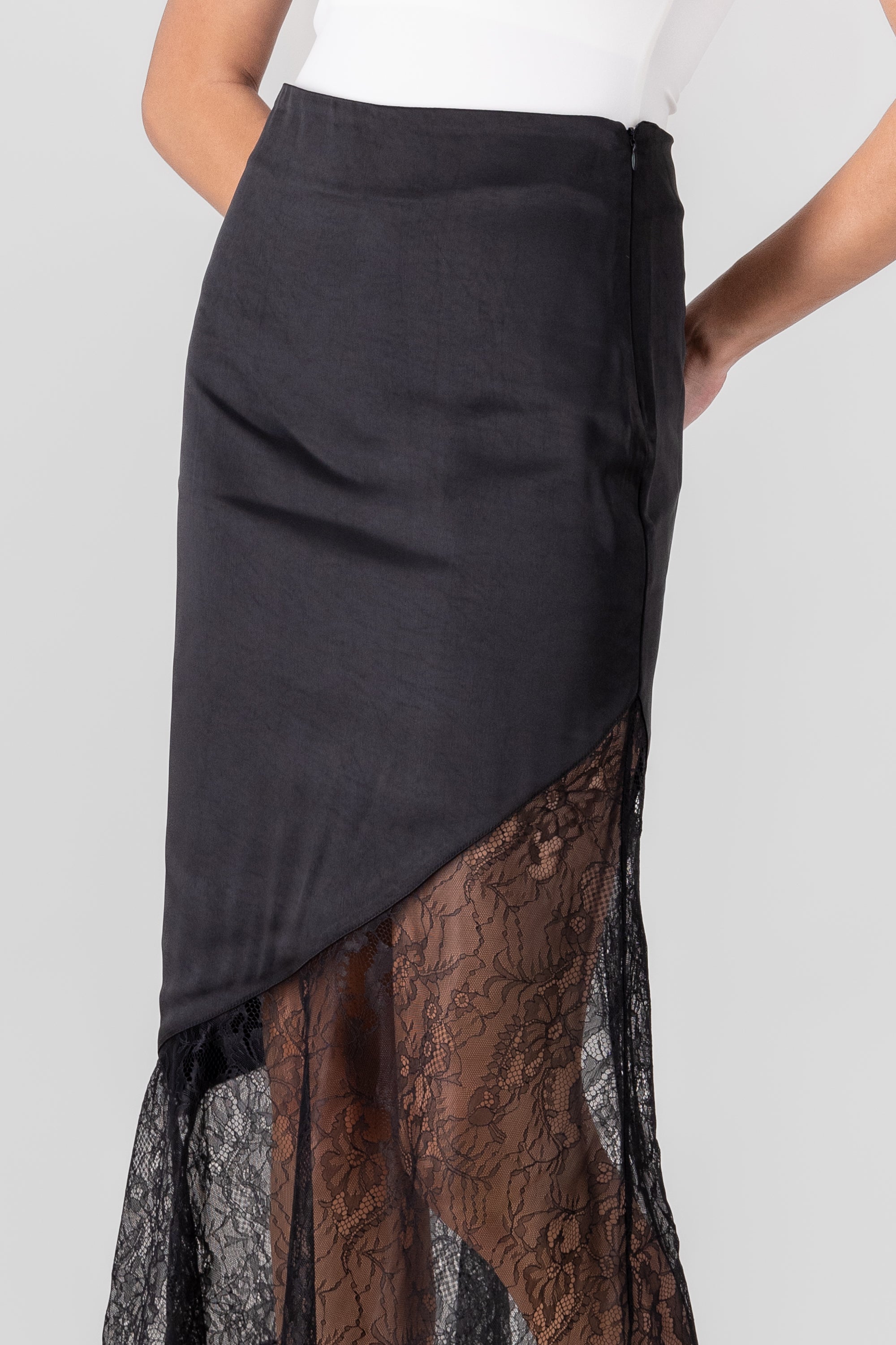 Midi Satin Skirt With Lace