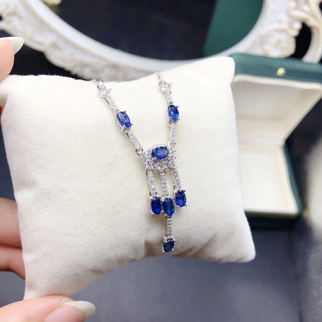 925 pure silver natural sapphire set chain necklace jewelry Fire color good women's luxury jewelry certified boutique