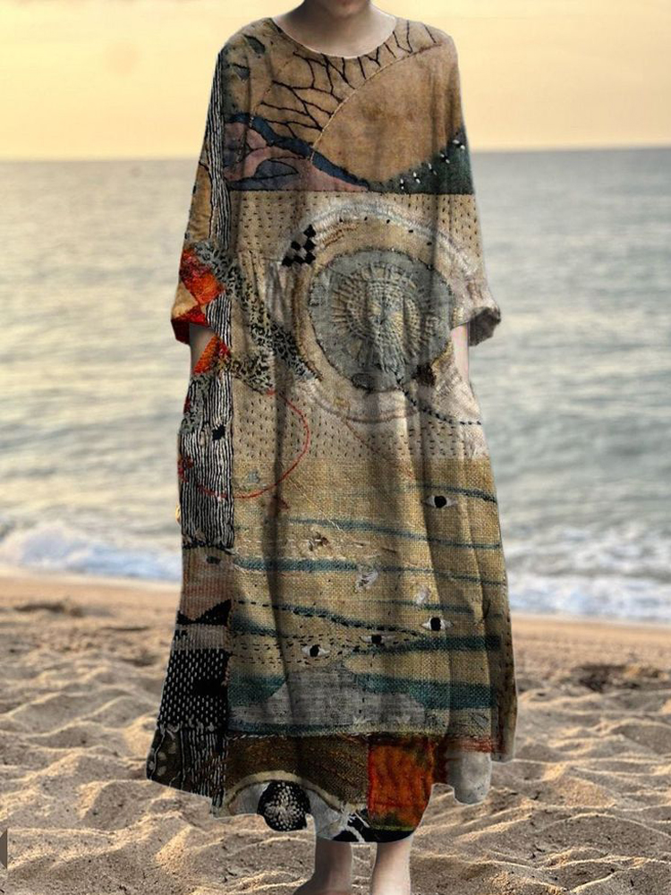 Vintage Stitching Embroidery Pattern Women's Linen Maxi Dress