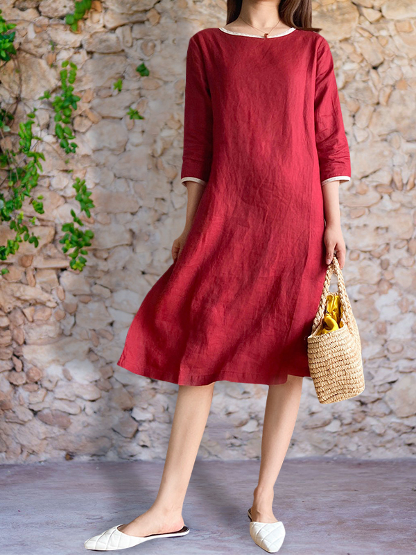 Contrast Collar Comfy Linen Midi Dress