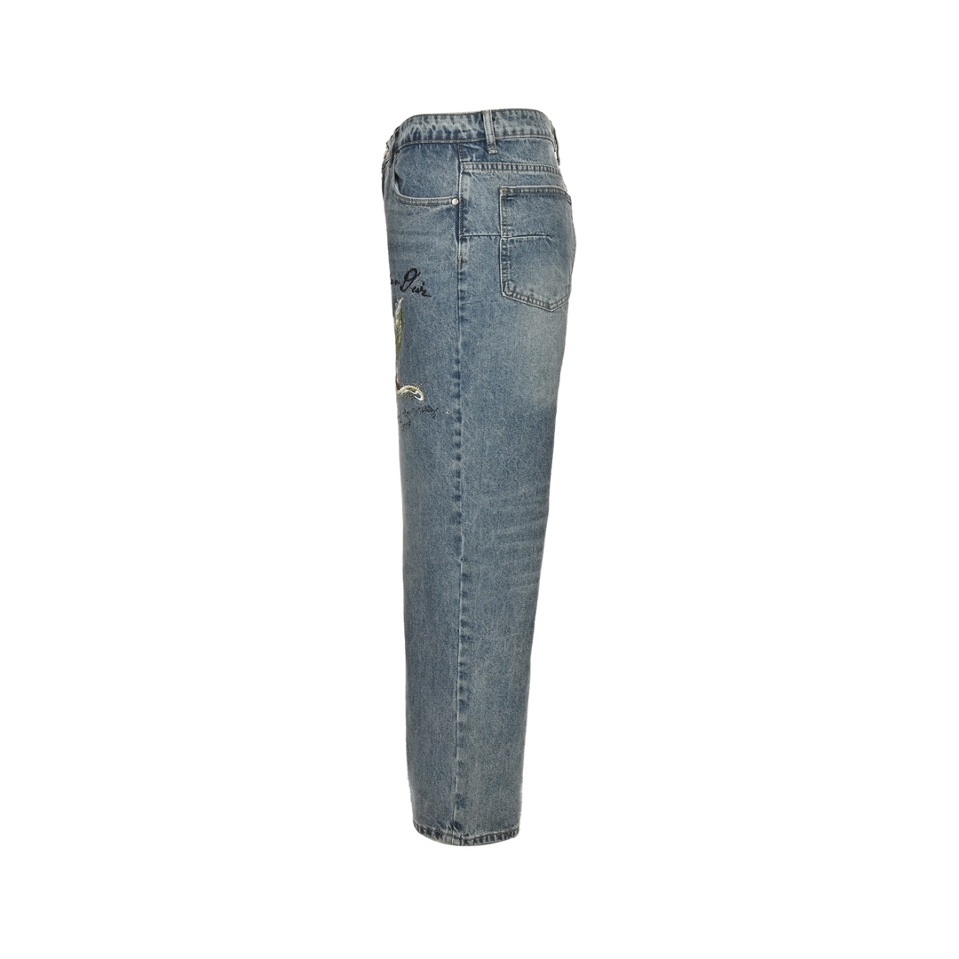 Dior 24Fw floral embroidered lettering washed jeans