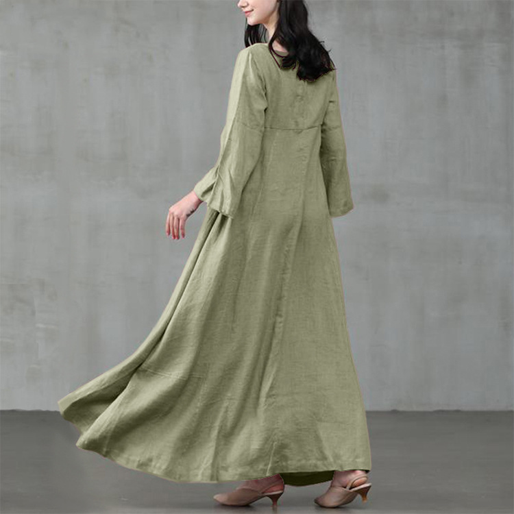 Vintage Round Neck Plain Long Sleeve Maxi Dress