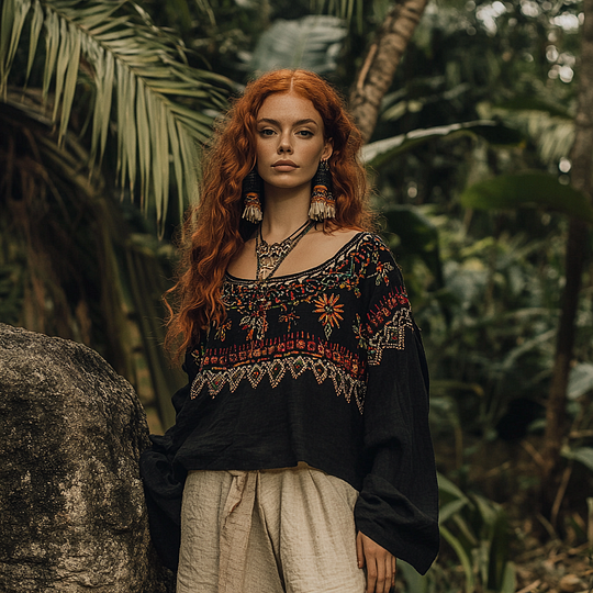 Retro Bohemian Embroidery Art Print Cotton And Linen Blend Loose Blouse