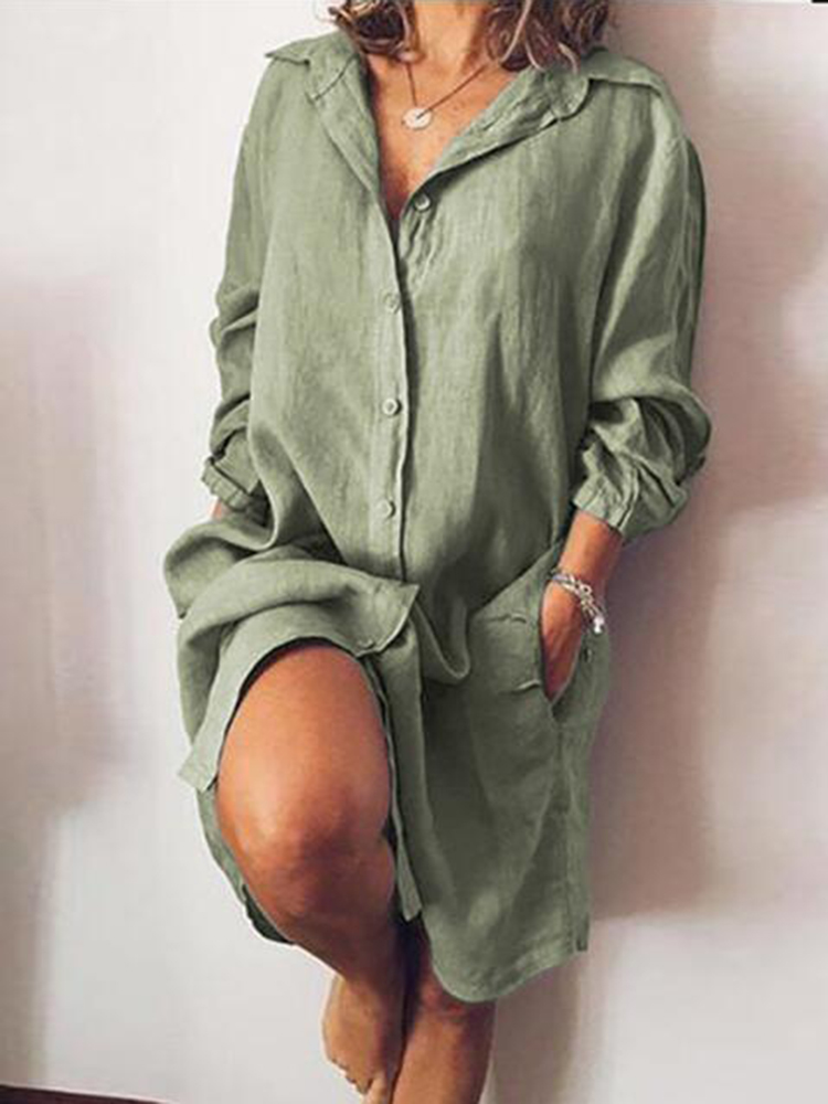 Solid Color Cotton And Linen Midi Dress