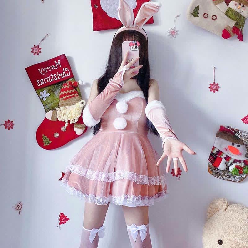 Christmas Cosplay Double Lace Fuzzy Ball Off The Shoulder Dress