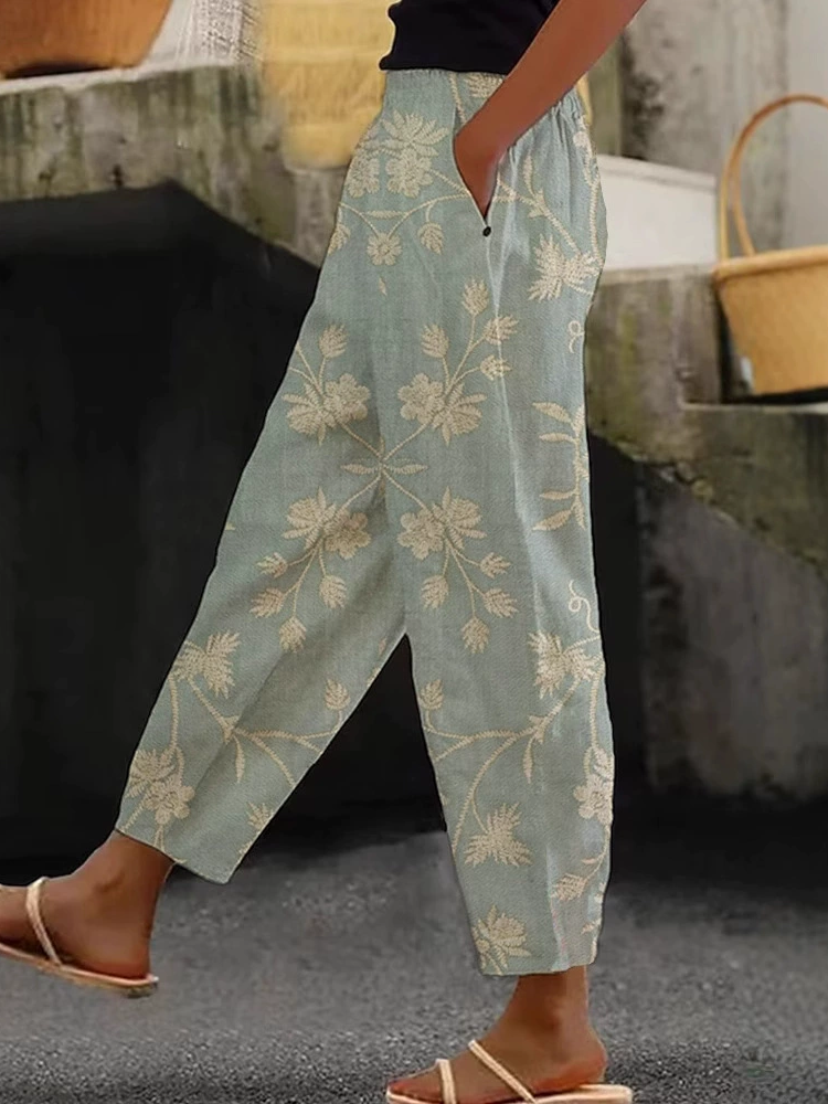 Women's Vintage Floral Art Linen Casual Pants