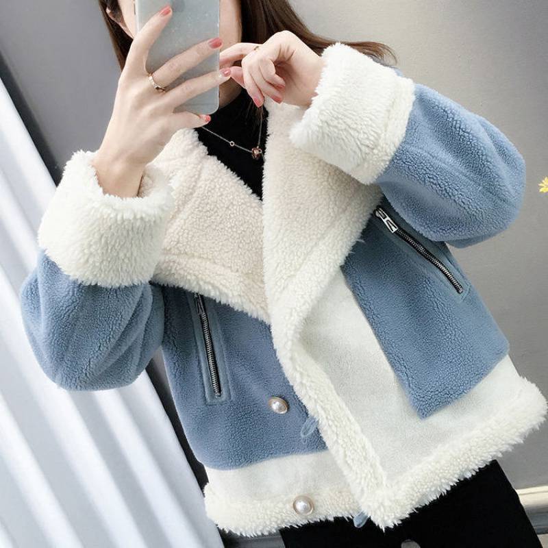 Short Loose Knit Lamb Wool Coat for Women