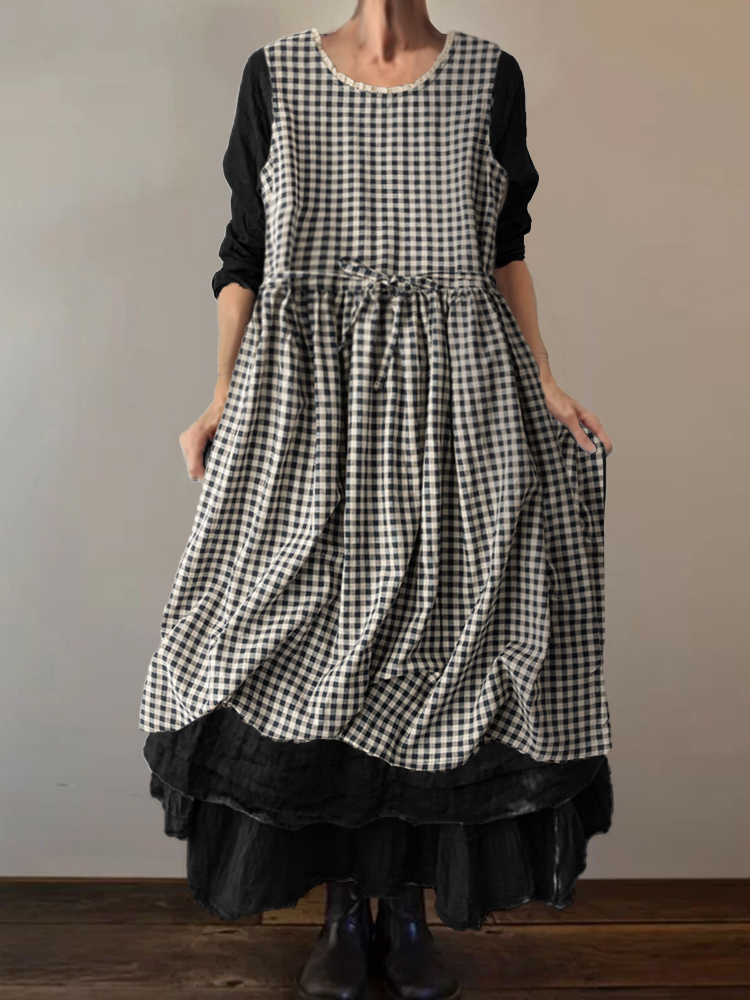 Lace Hem Check Tied Pleated Maxi Tank Dress