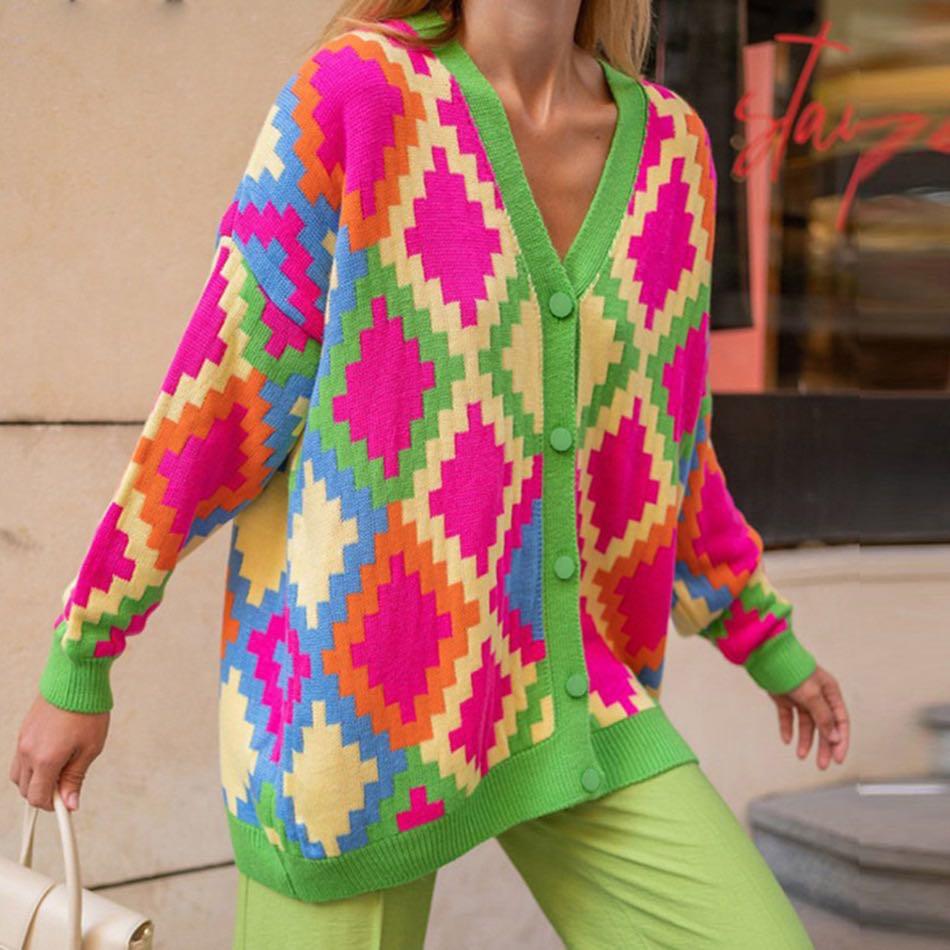 Loose Knitted Geometric Cardigan Sweater Coat