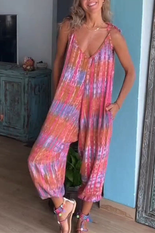 Heididress V Neck Tie Shoulder Pockets Tie Dye Cami Jumpsuit