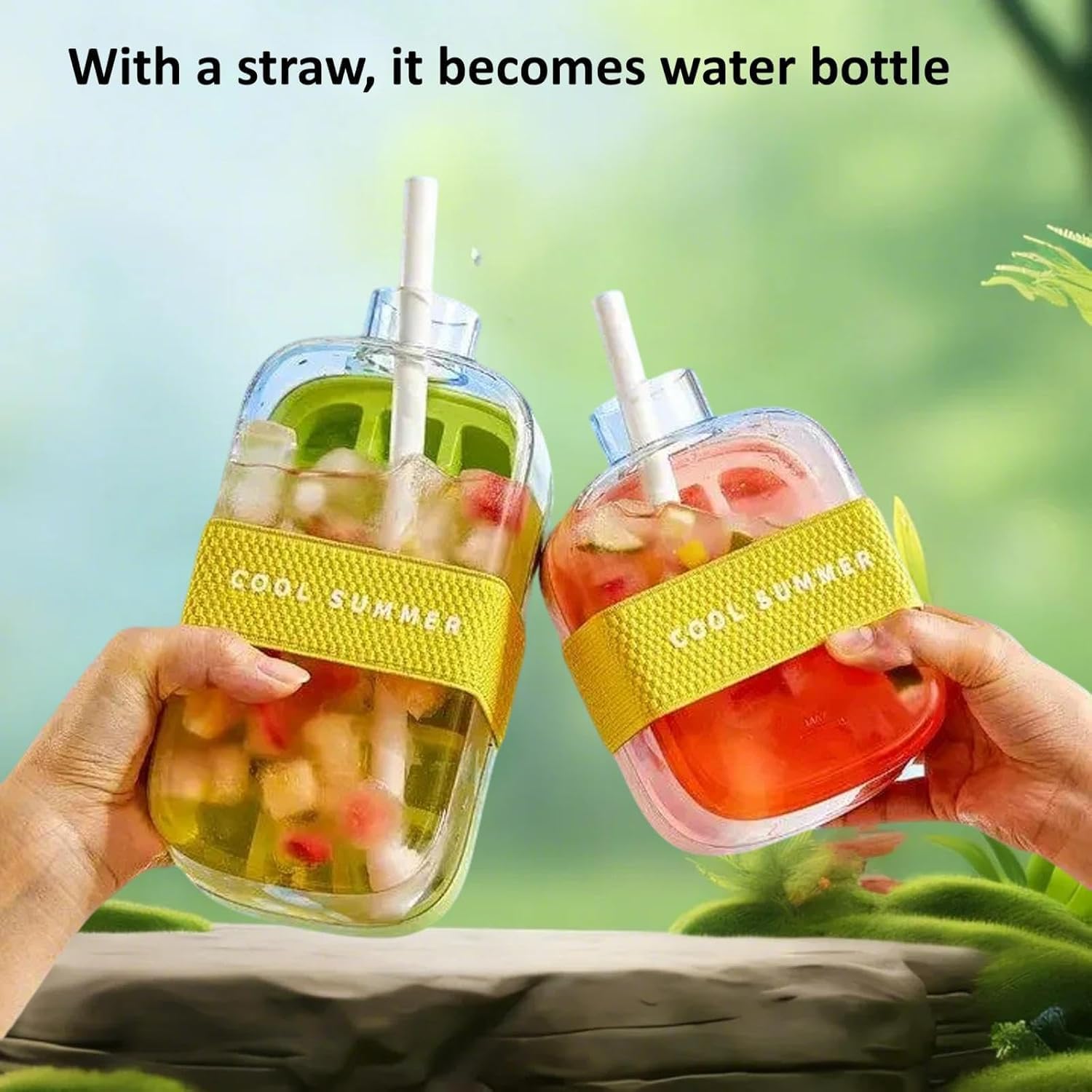 2-in-1 Ice Cube Water Bottle - Freeze & Sip with Touch-Free Release with Lid, Straw & Ice Bin