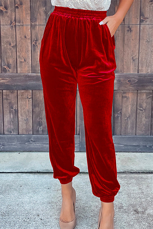 Heididress Elastic Waist Velvet Joggers Pants with Pockets