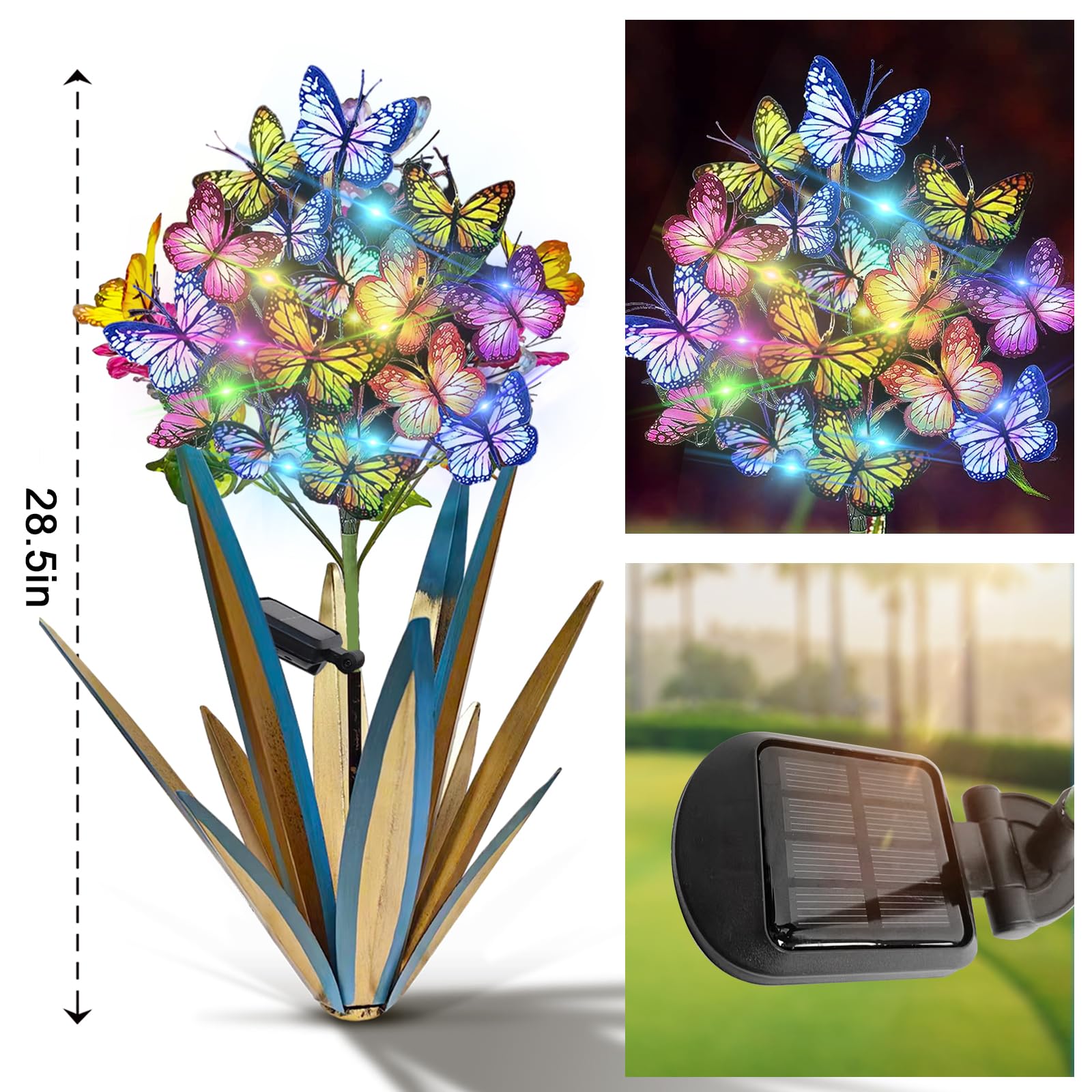 🦋✨ Solar Power Metal Agave Butterfly Flower Fairy Lights 🌵