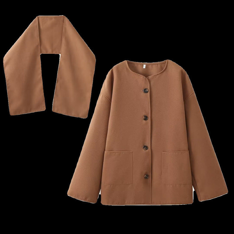 Short Woolen Coat with Scarf Collar and Loose Fit Design