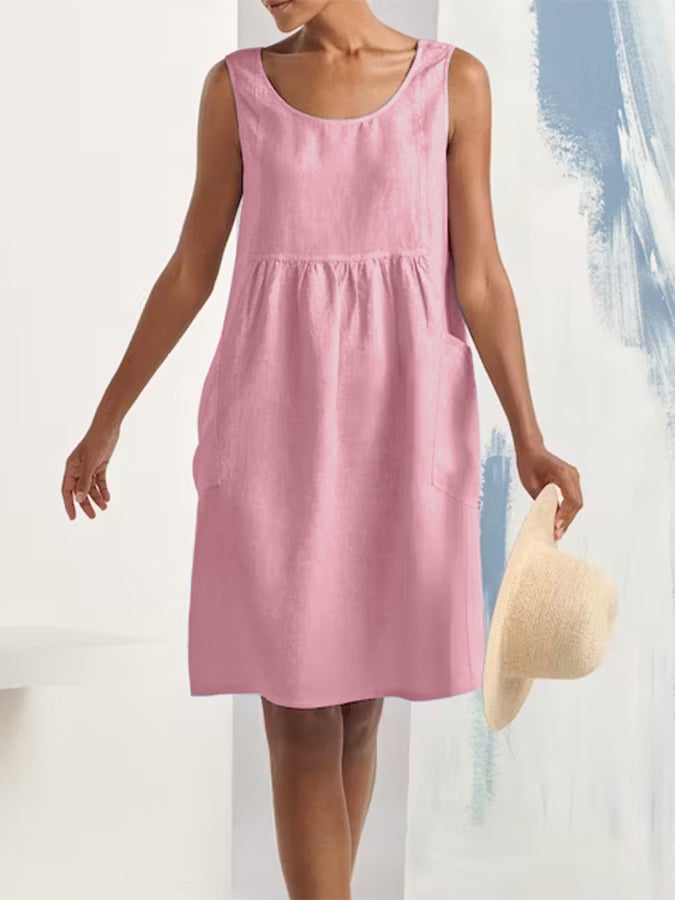 Cotton Linen Round Neck Sleeveless Pocket Simple Dress
