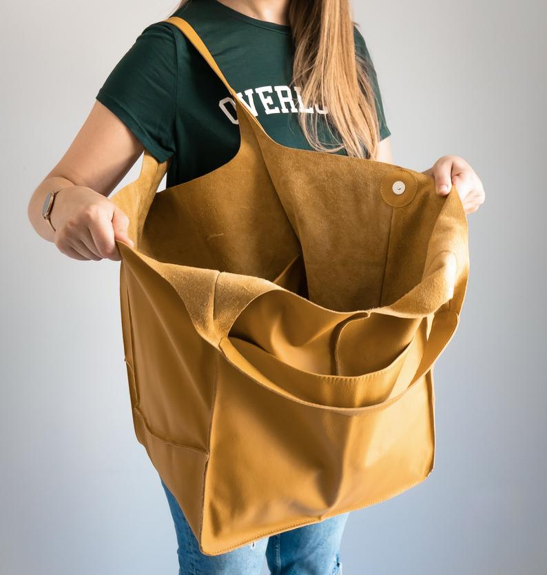 COGNAC LEATHER TOTE bag, Slouchy Tote, Cognac Handbag for Women, Every Day Bag, Women leather bag, Weekender Oversized bag
