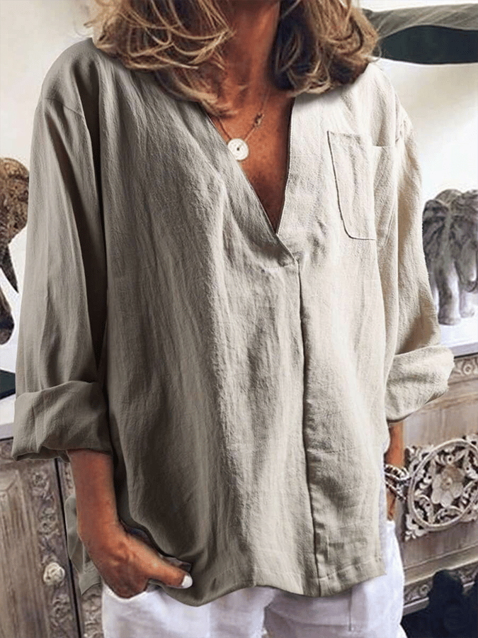 Women's V-Neck Long Sleeve Loose With Pockets Casual Shirt