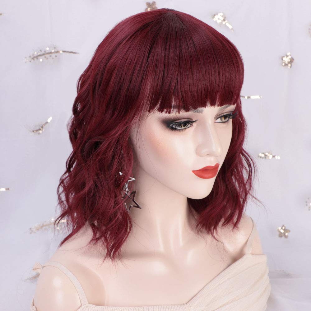 Luna Wine Red Women Bob Curly Wigs with Bangs Natural Looking Heat Resistant Fiber Hair for Women