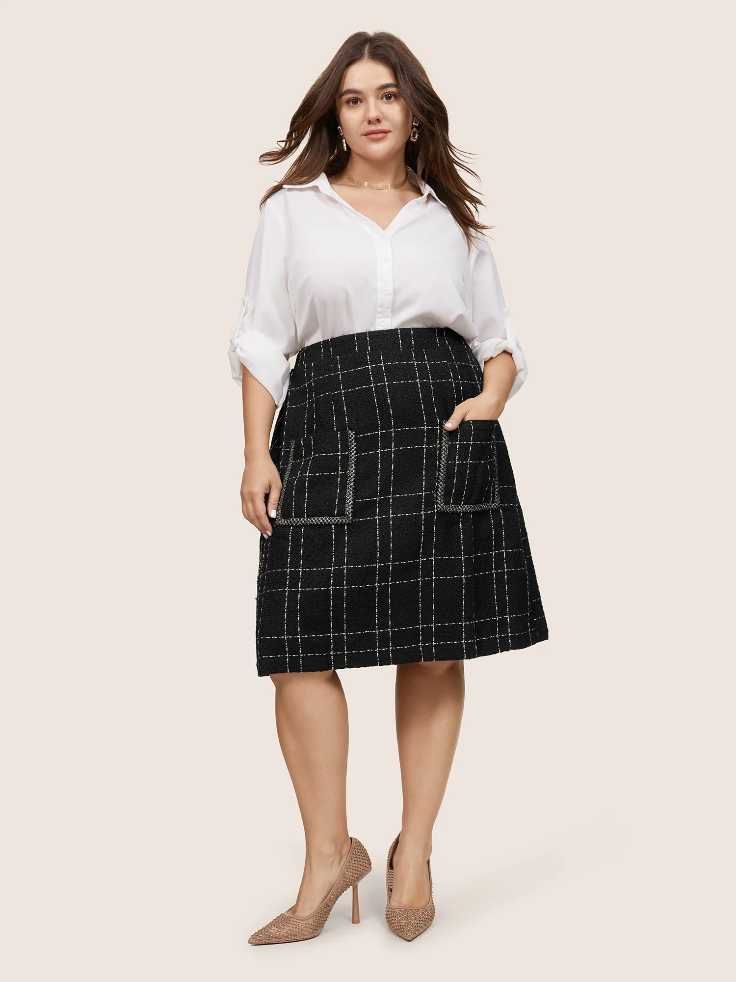 Plaid Patched Pocket Stitch Skirt