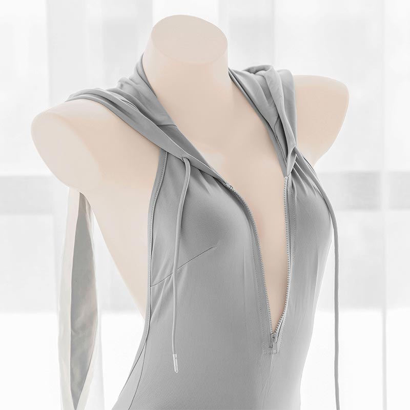 Bunny Ears Zipper Hooded Lingerie Set
