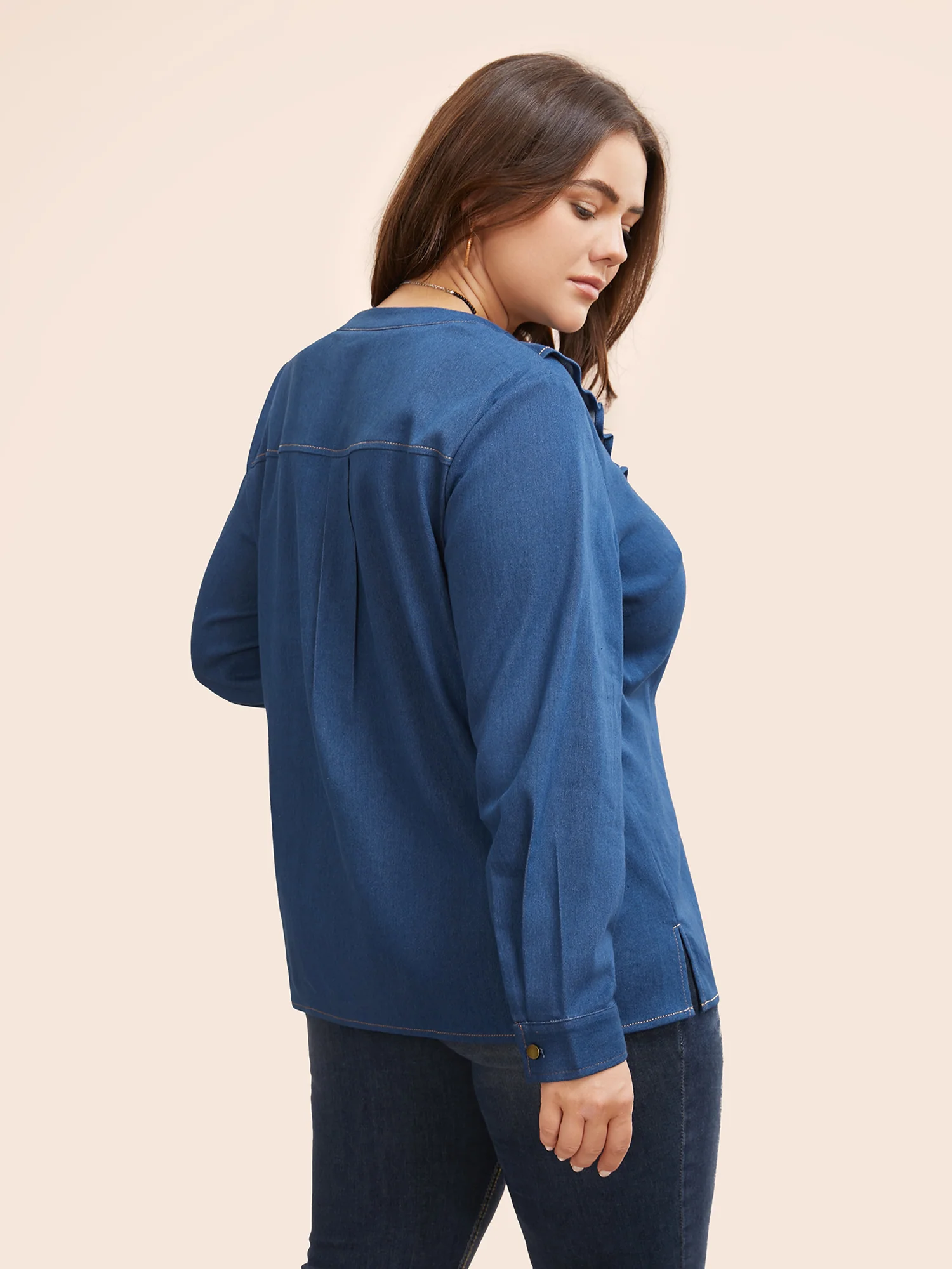 Stretch Denim Lotus Leaf Neckline Shirt