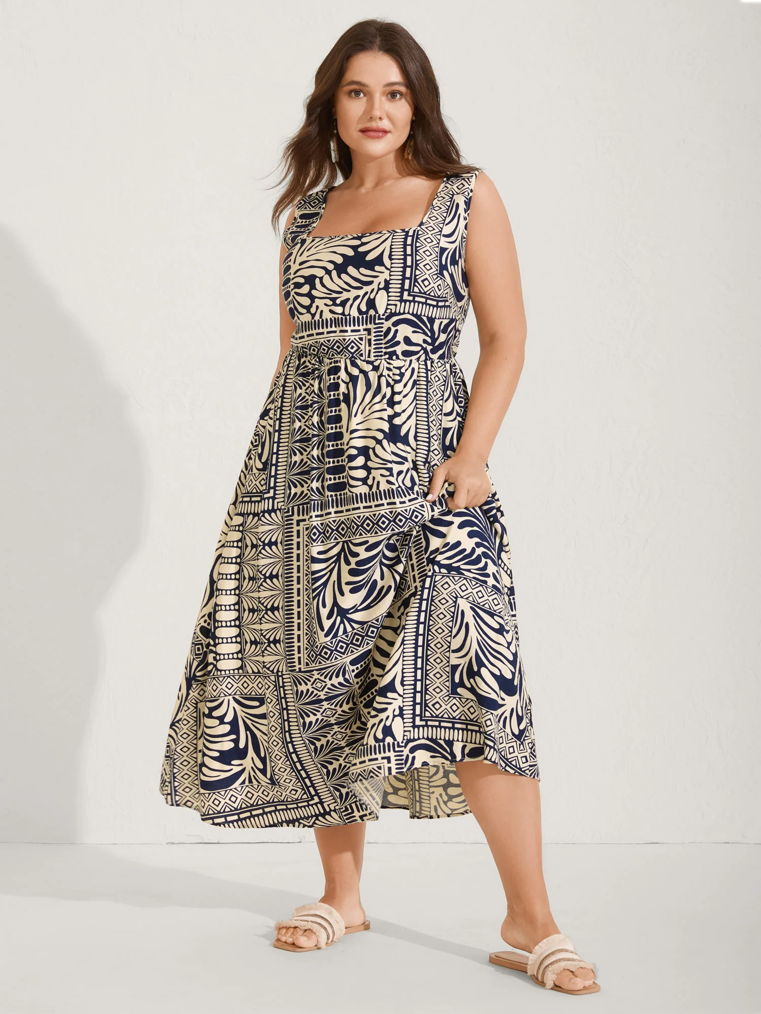 Geometric Collage Print Pockets Midi Dress