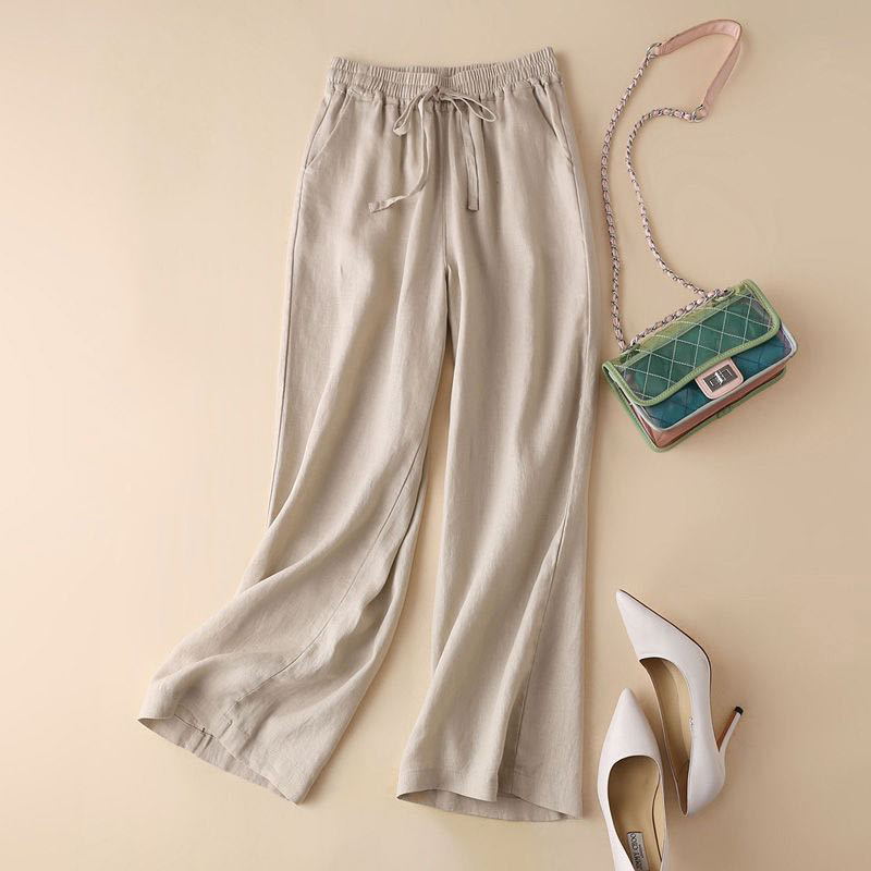 Solid Color Cotton Linen High Waist Straight-Leg Casual Pants