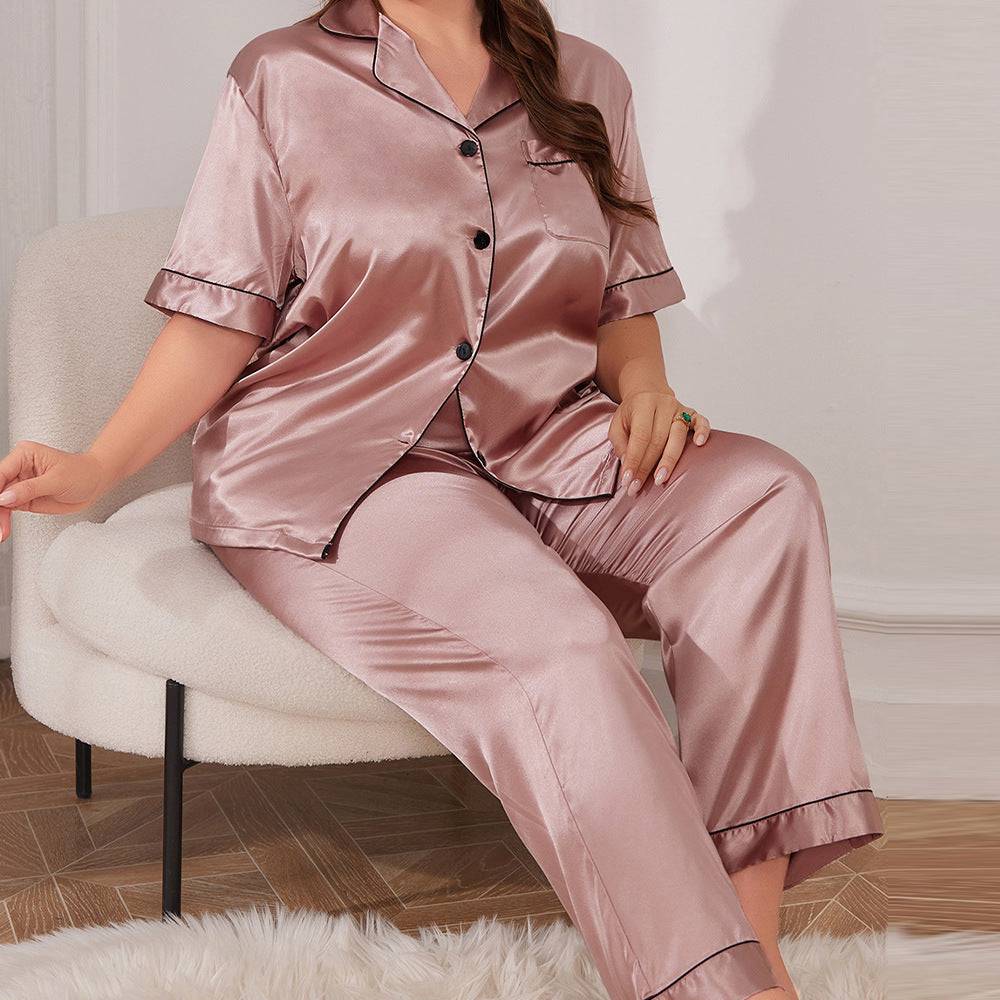 Plus Size Ice Silk Nightdress Spring Summer Simple Homewear Sexy Silk Cardigan Nightgown Women Pajamas Suit