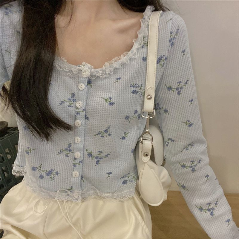 Retro Lace Floral Cropped Cardigan Sweater
