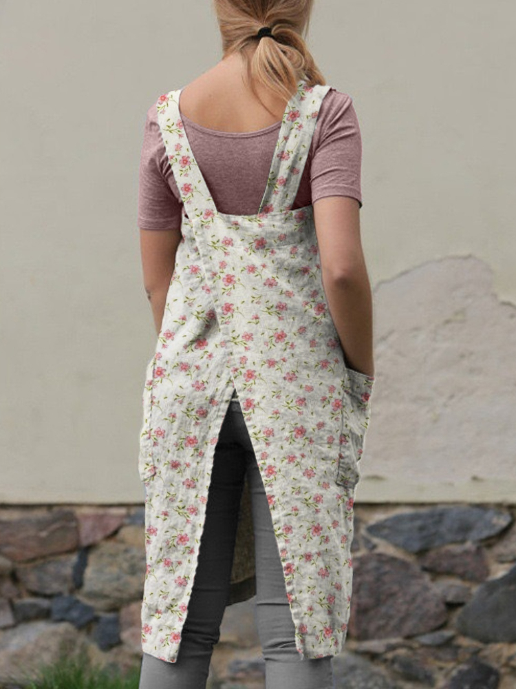 Cottage Floral Patch Pockets Cross Back Apron