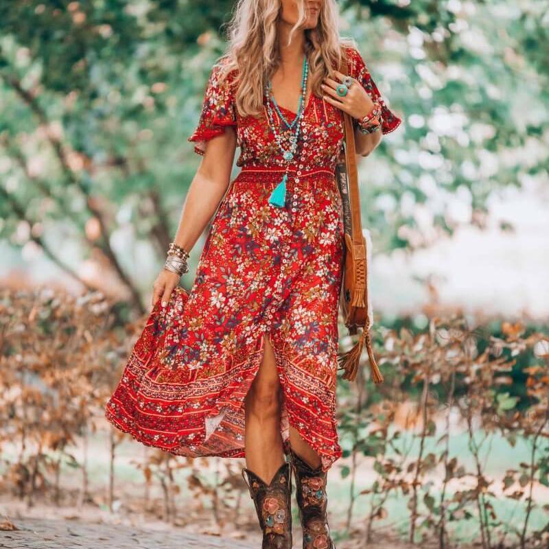 Short Sleeve Bohemian Beach Slit Elastic Skirt