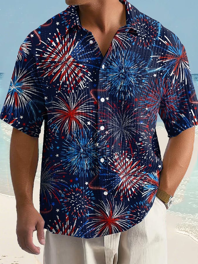 Men's Casual Holiday Independence Day Fireworks Shirt