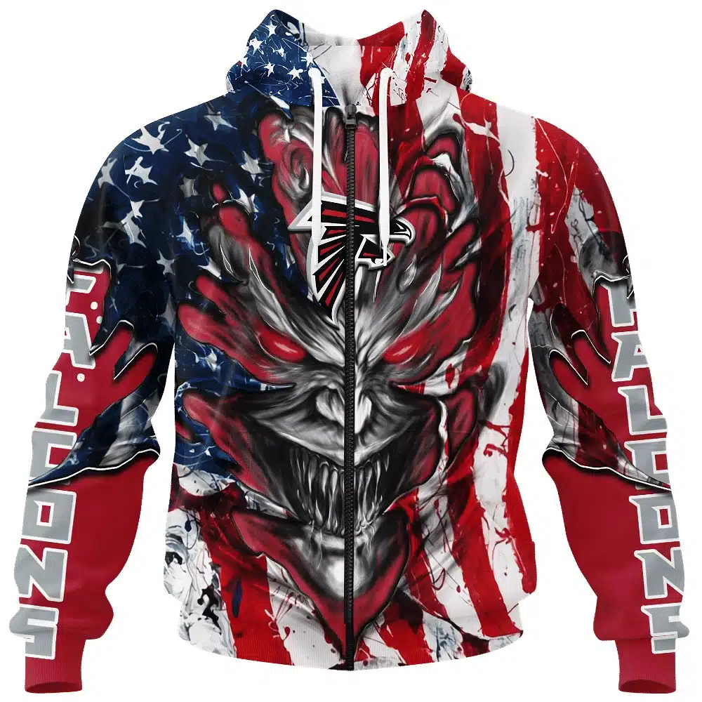 ATLANTA FALCONS DEMON FACE AMERICAN FLAG-3D UNISEX HOODIE