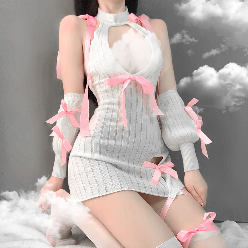 Knit Lace Up Hollow Out Halter Lingerie Dress
