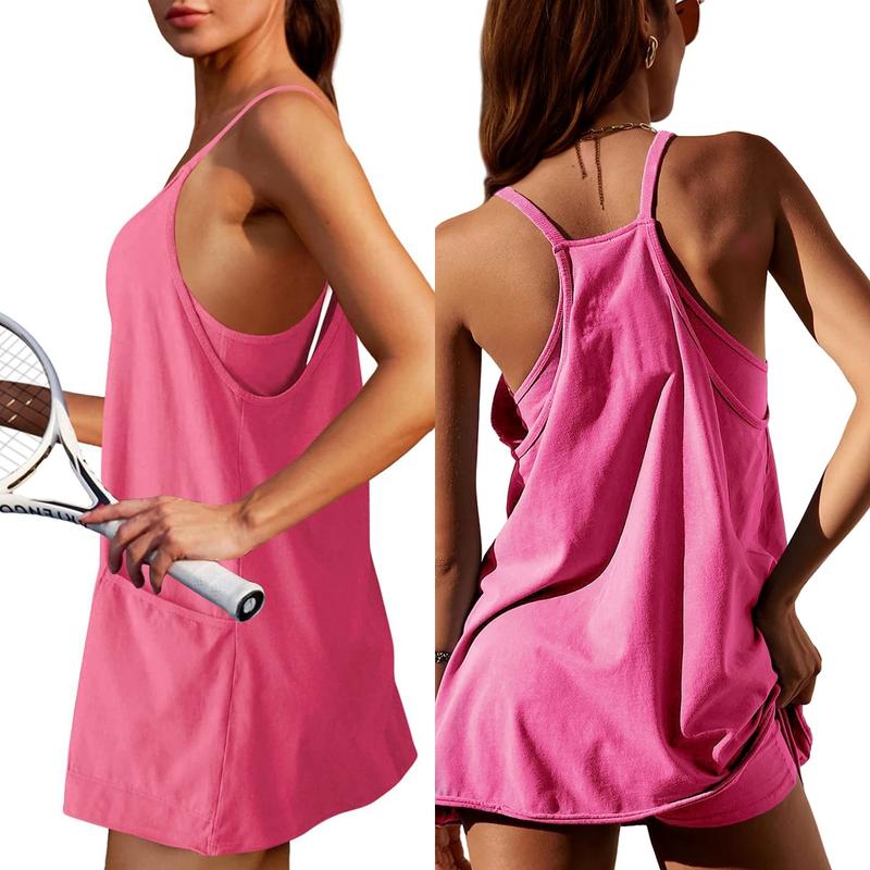 🔥🔥Women's Athletic Sleeveless Mini Dress with Built-in Shorts V Neck Spaghetti Strap Short Tennis Dress with Pockets