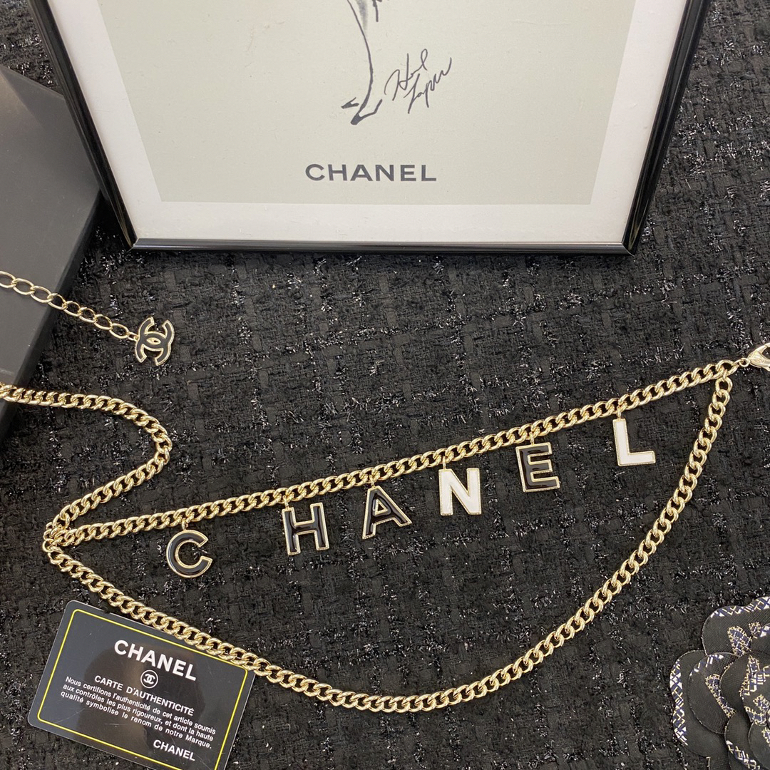 CHANEL black and white enamel letter metal waist chain