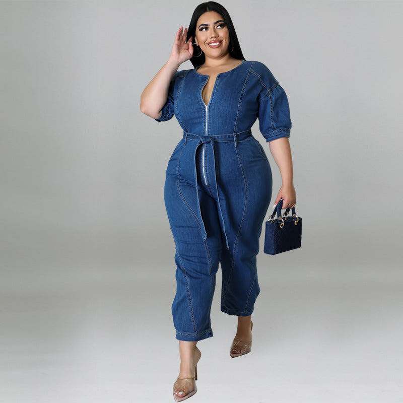 Plus Size Women Clothing Summer Short Sleeve Zipper Wash Denim Jumpsuit