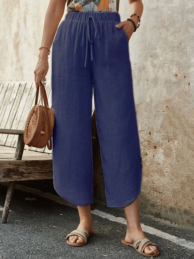 Casual Elegant Cotton And Linen Lace-Up With Pockets Irregular Cropped Pants