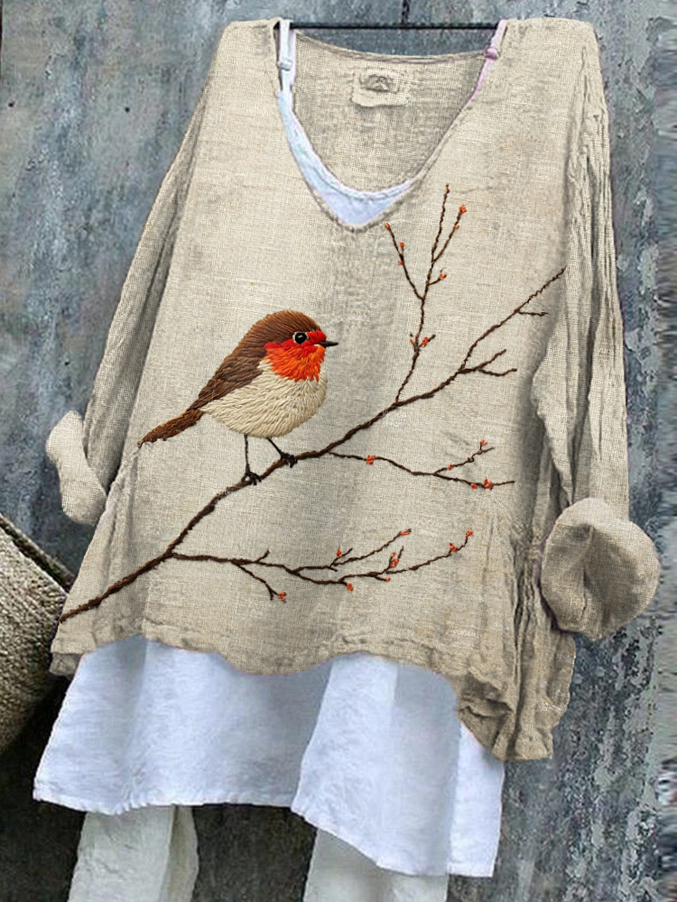Women's Bird And Branch Embroidered Linen Blend Shirt