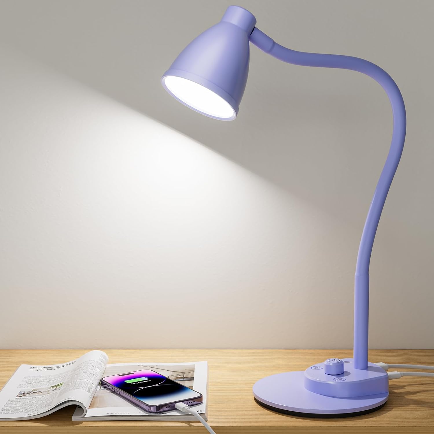 BOHON LED Desk Lamp with USB Charging Port 3 Color Modes Dimmable Reading Light Intelligent Induction Auto Dimming Task Lamp Flexible Gooseneck Table Lamp for Bedside Office, AC Adapter Include