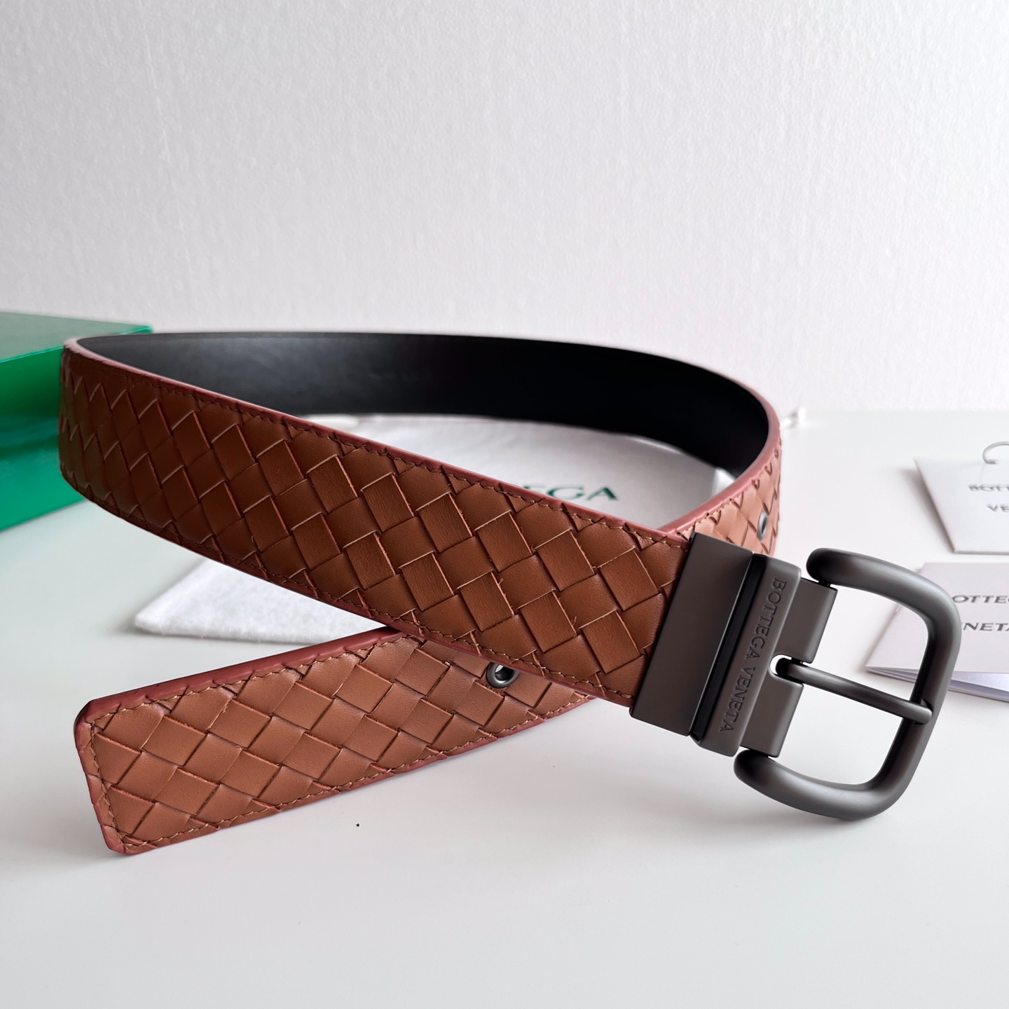 Bottega Veneta frosted pin buckle woven cowhide double-sided belt 4.0cm wide